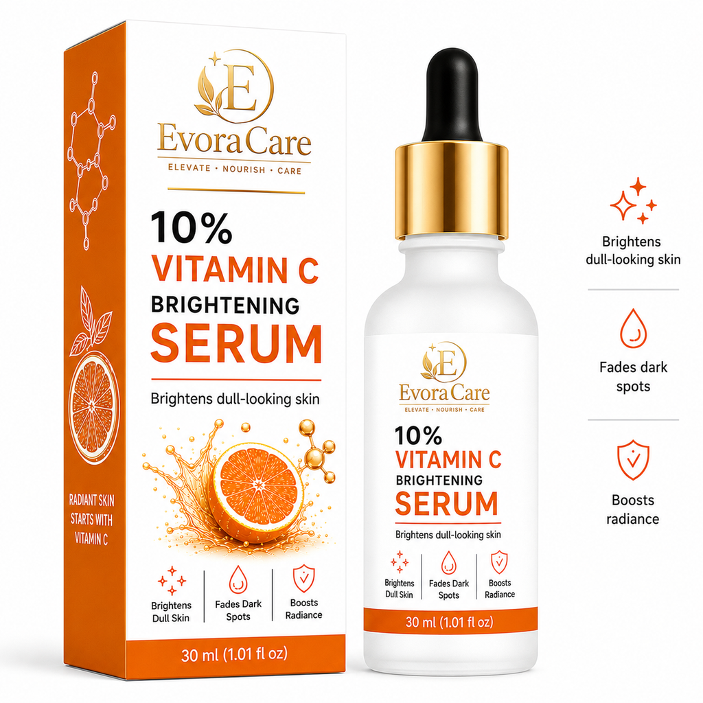 EvoraCare 10% Vitamin C Brightening Face Serum for Daily Skincare, Lightweight Facial Serum for Radiant-Looking Skin, Helps Improve Skin Appearance, 30 ml