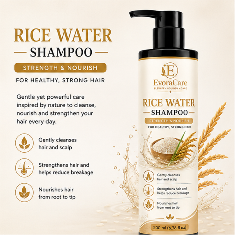 EvoraCare Rice Water Shampoo for Daily Hair & Scalp Care, Gentle Cleansing Shampoo with Rice Water-Inspired Formula, Nourishing Hair Cleanser for Men & Women, 200 ml