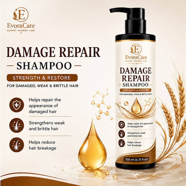 EvoraCare Damage Repair Shampoo for Dry, Weak & Brittle Hair, Nourishing Hair Cleanser for Smooth & Manageable Hair, Daily Hair Care Shampoo, 200 ml