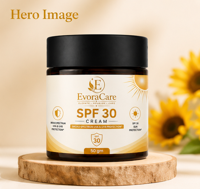 EvoraCare SPF 30 Face Cream, Broad Spectrum UVA & UVB Protection, Lightweight Daily Moisturizing Cream for Outdoor Use, Non-Greasy Formula, 50 gm