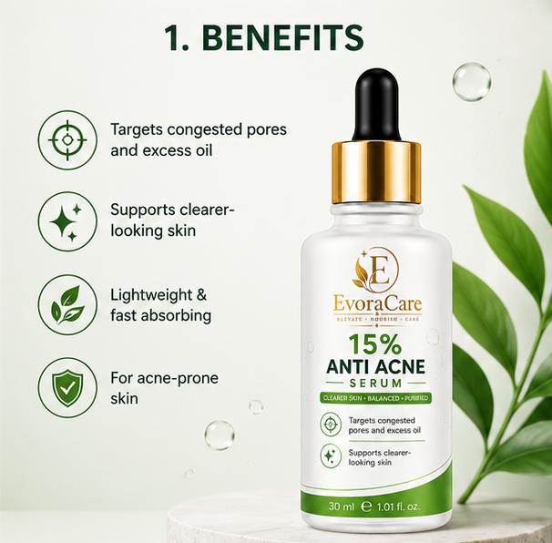 EvoraCare 15% Anti Acne Face Serum for Oily & Acne-Prone Skin, Lightweight Facial Serum for Clearer-Looking Skin, Fast-Absorbing Daily Skincare Serum, 30 ml