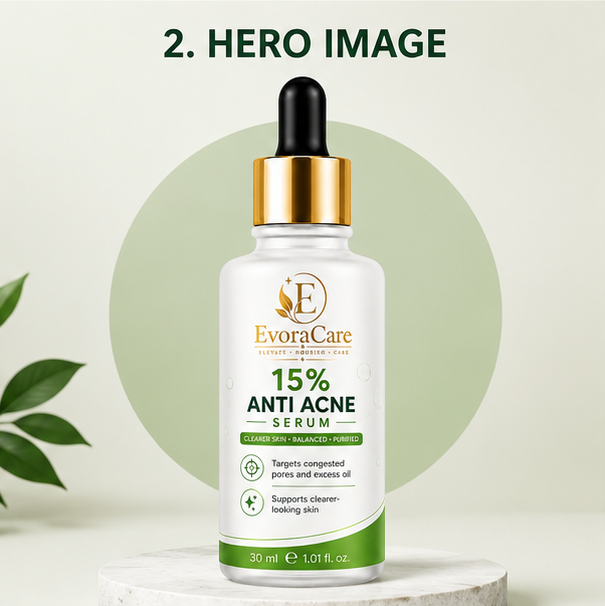 EvoraCare 15% Anti Acne Face Serum for Oily & Acne-Prone Skin, Lightweight Facial Serum for Clearer-Looking Skin, Fast-Absorbing Daily Skincare Serum, 30 ml
