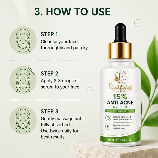 EvoraCare 15% Anti Acne Face Serum for Oily & Acne-Prone Skin, Lightweight Facial Serum for Clearer-Looking Skin, Fast-Absorbing Daily Skincare Serum, 30 ml