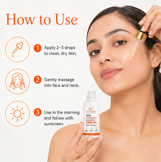 EvoraCare 10% Vitamin C Brightening Face Serum for Daily Skincare, Lightweight Facial Serum for Radiant-Looking Skin, Helps Improve Skin Appearance, 30 ml