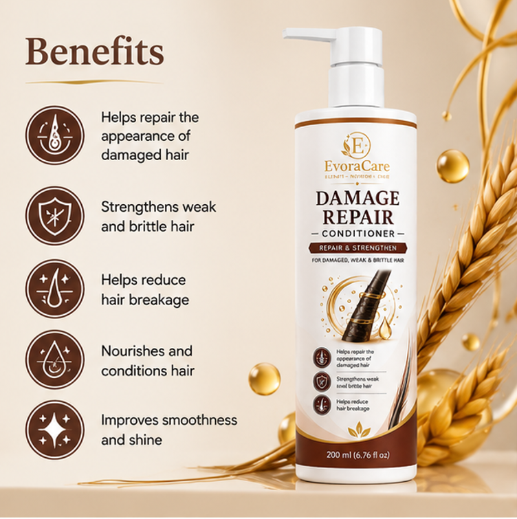 EvoraCare Damage Repair Conditioner for Dry, Weak & Brittle Hair, Nourishing Hair Conditioner for Smooth & Manageable Hair, Daily Hair Care Formula, 200 ml