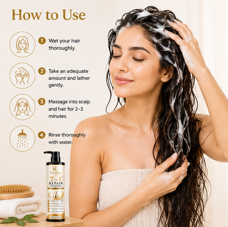 EvoraCare 7 in 1 Repair Shampoo for Dry, Weak & Damaged Hair, Nourishing Hair Cleanser with Biotin, Proteins & Fenugreek, Daily Hair Care Shampoo, 200 ml