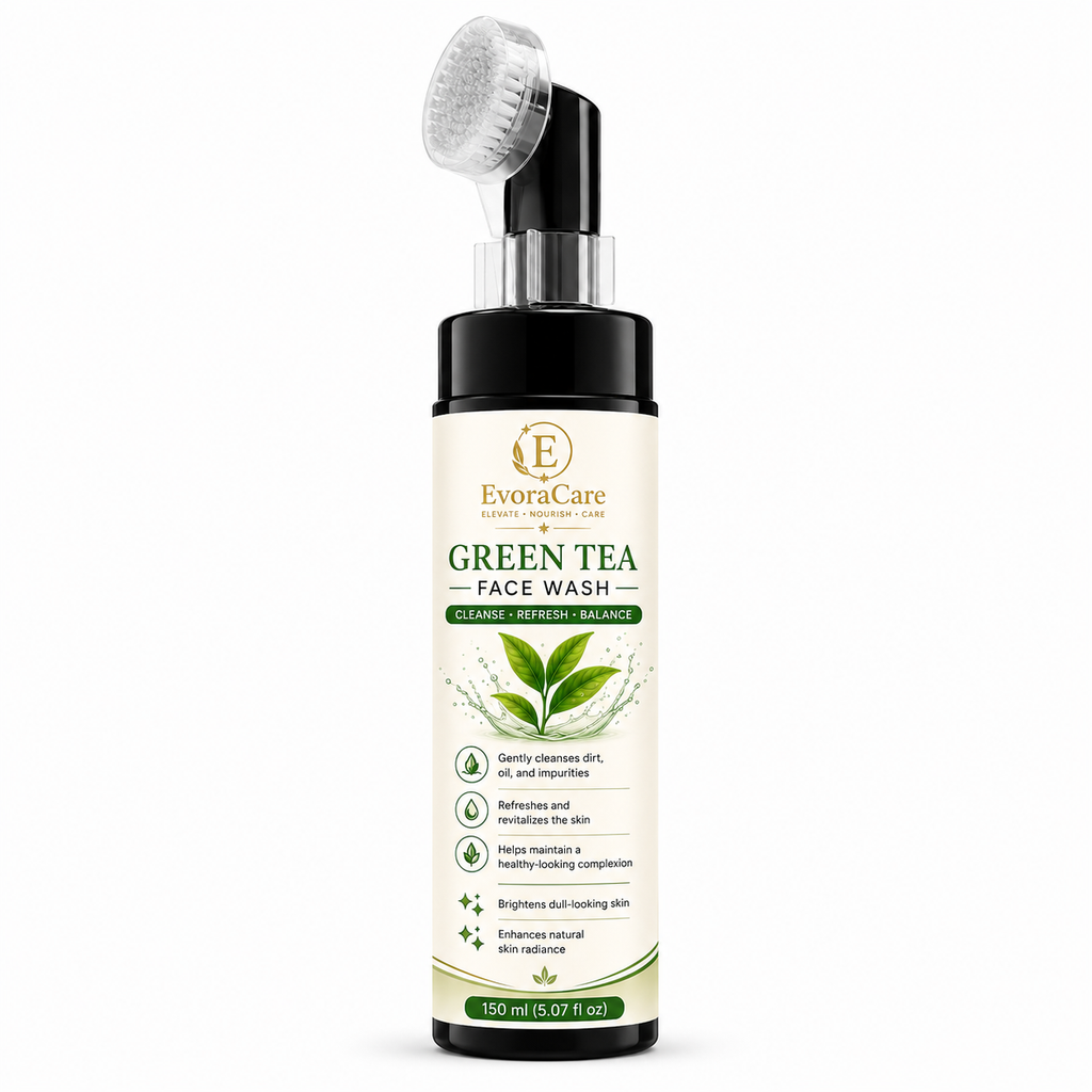 EvoraCare Green Tea Face Wash with Built-In Silicone Brush, Daily Facial Cleanser for Fresh & Clean Skin, Gentle Face Wash for Men & Women, 150 ml