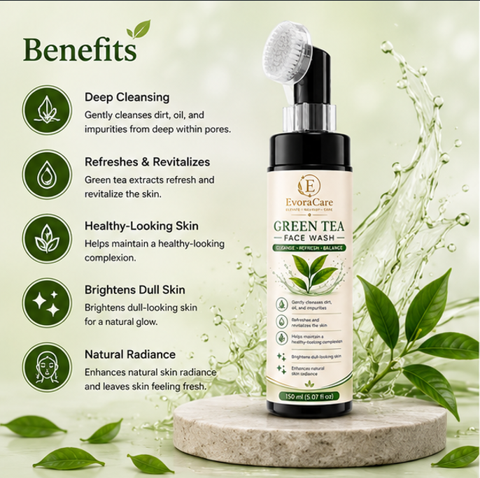 EvoraCare Green Tea Face Wash with Built-In Silicone Brush, Daily Facial Cleanser for Fresh & Clean Skin, Gentle Face Wash for Men & Women, 150 ml