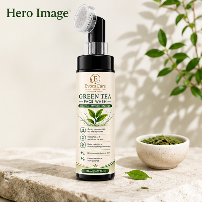 EvoraCare Green Tea Face Wash with Built-In Silicone Brush, Daily Facial Cleanser for Fresh & Clean Skin, Gentle Face Wash for Men & Women, 150 ml