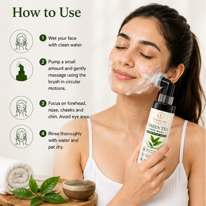 EvoraCare Green Tea Face Wash with Built-In Silicone Brush, Daily Facial Cleanser for Fresh & Clean Skin, Gentle Face Wash for Men & Women, 150 ml